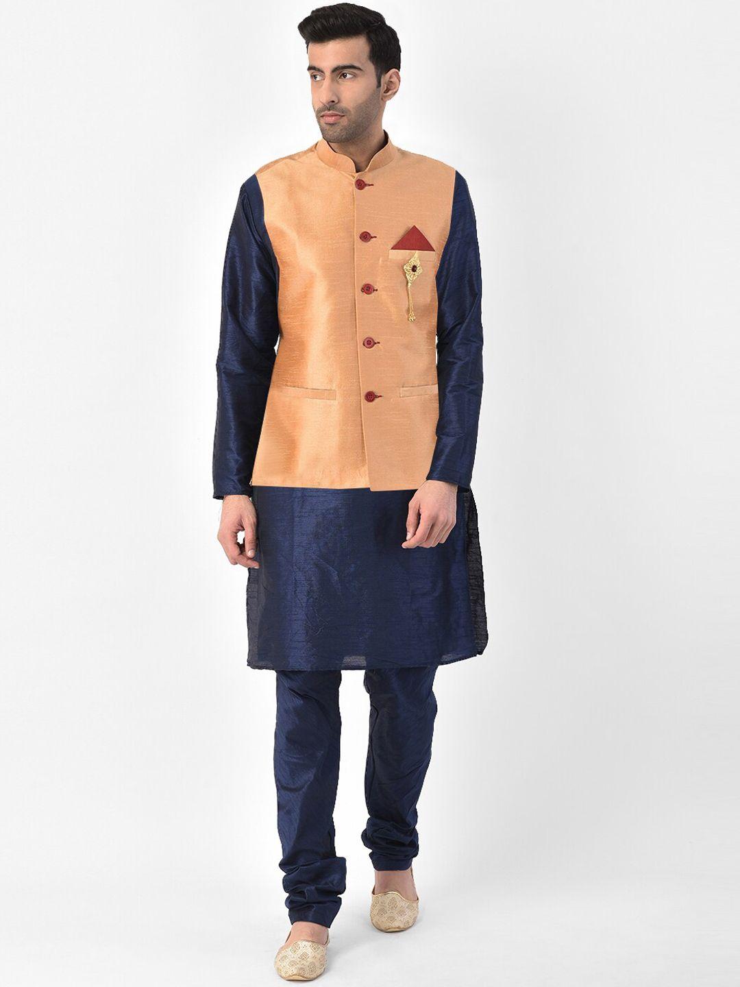 sg leman men orange & navy blue layered raw silk kurta with pyjamas & nehru jacket