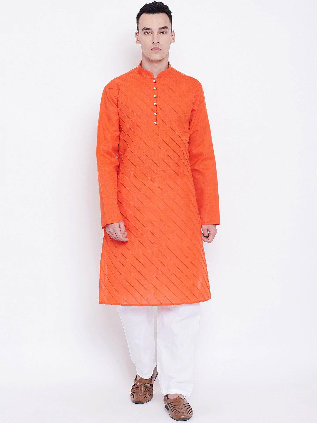 sg leman men orange striped pleated pure cotton kurta with pyjamas