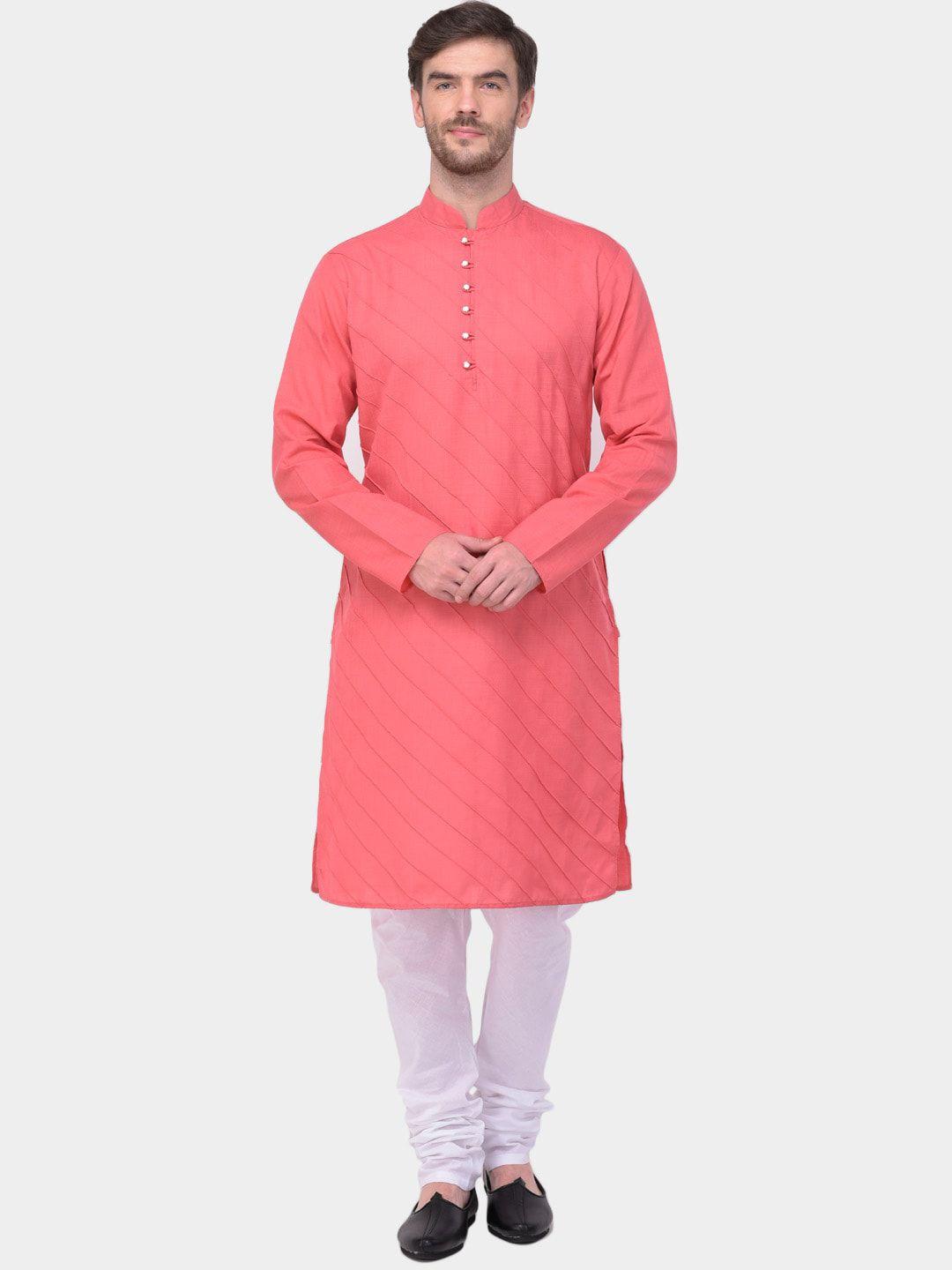 sg leman men peach-coloured pure cotton kurta with churidar