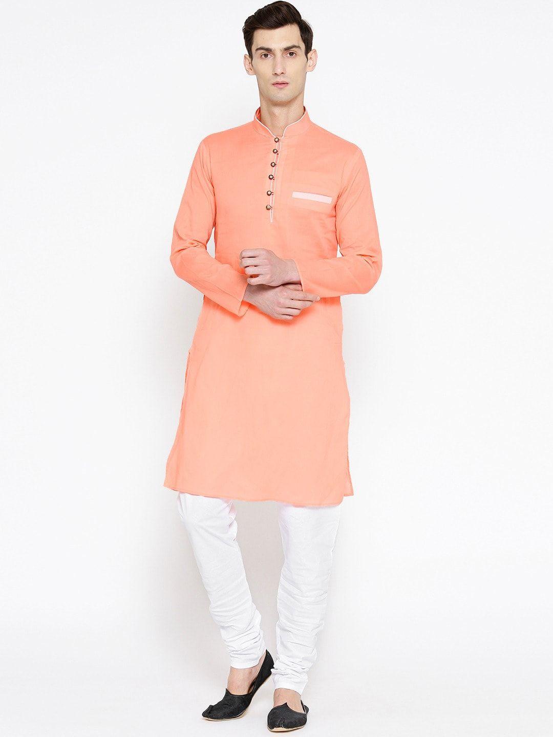 sg leman men peach solid pure cotton kurta with churidar