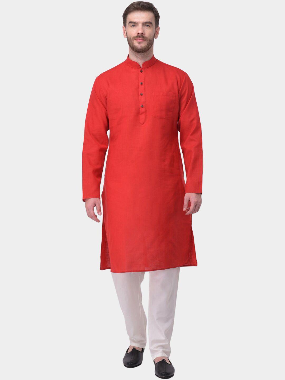 sg leman men red & white solid kurta with pyjamas