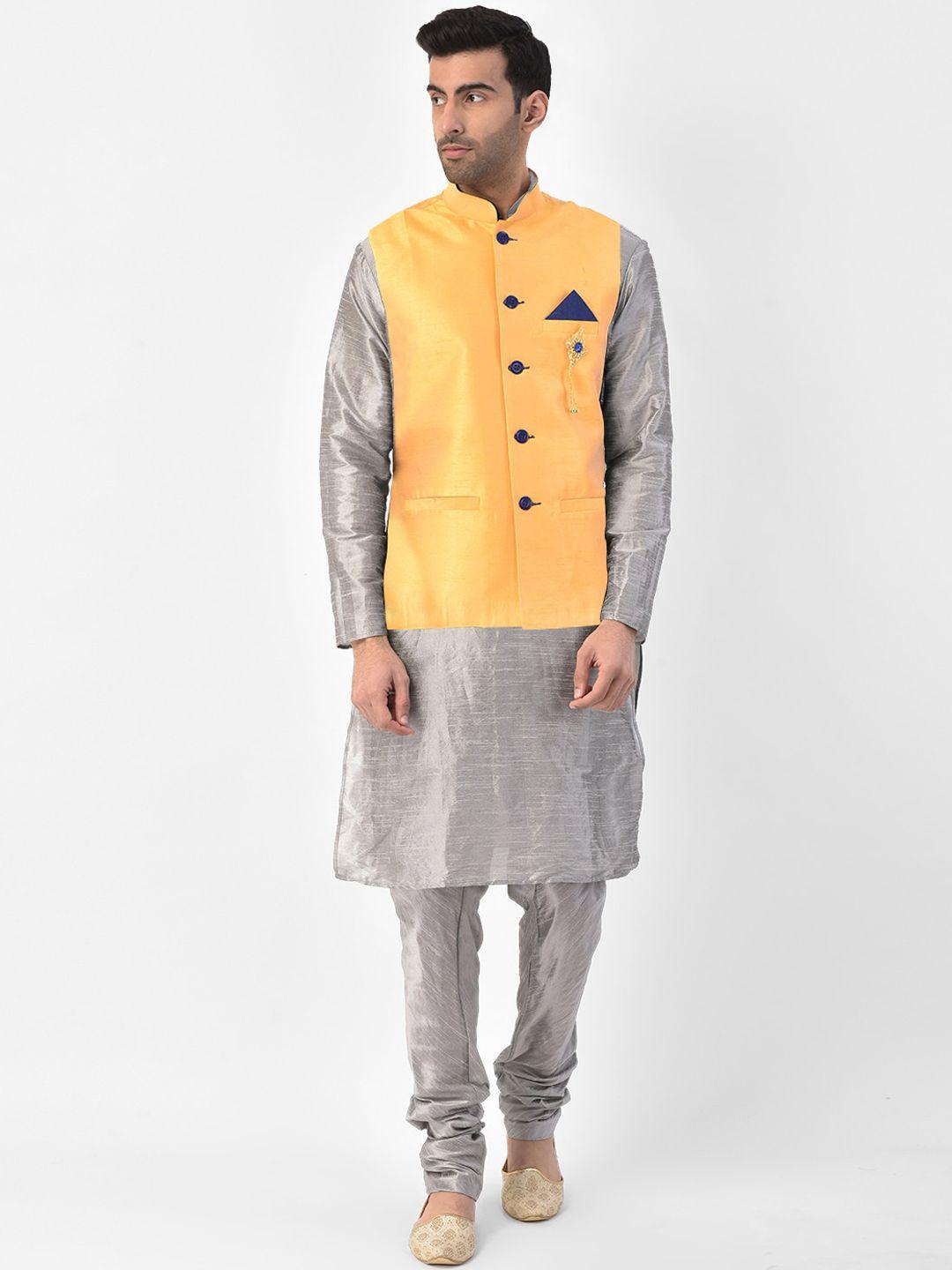 sg leman men silver & yellow solid regular raw silk kurta with churidar & nehru jacket