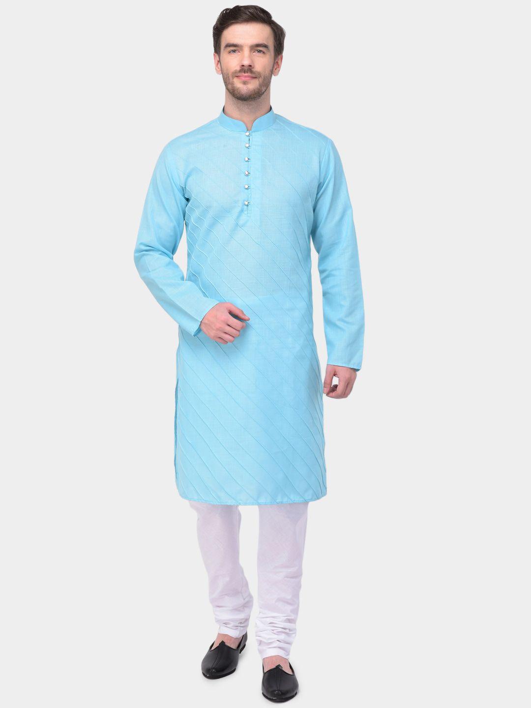 sg leman men turquoise blue & white woven design kurta with churidar