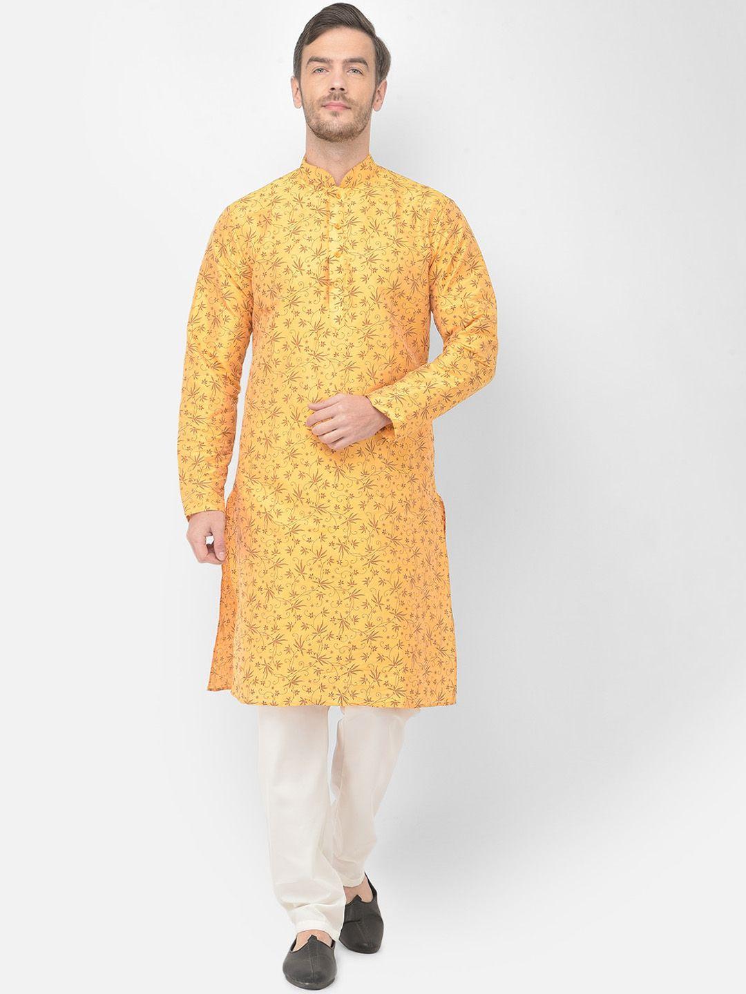 sg leman men yellow & brown ethnic motifs printed raw silk kurta with pyjamas