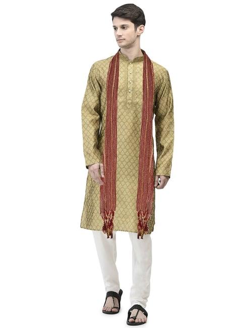sg leman olive & white regular fit textured kurta & pyjamas with stole