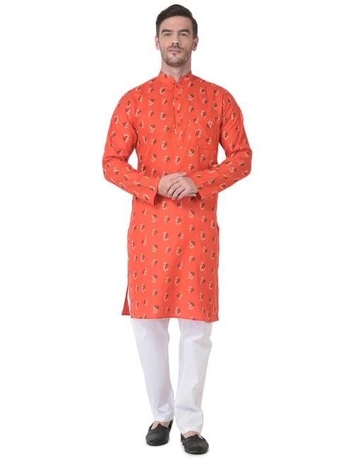 sg leman orange & white regular fit printed kurta and pyjama set