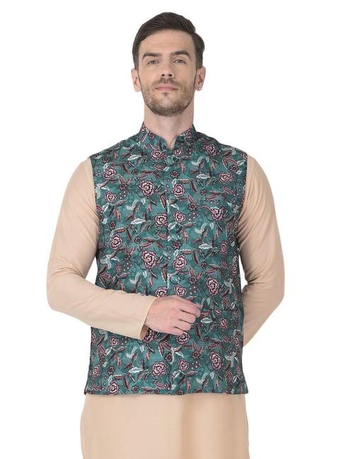 sg leman teal regular fit printed waistcoats