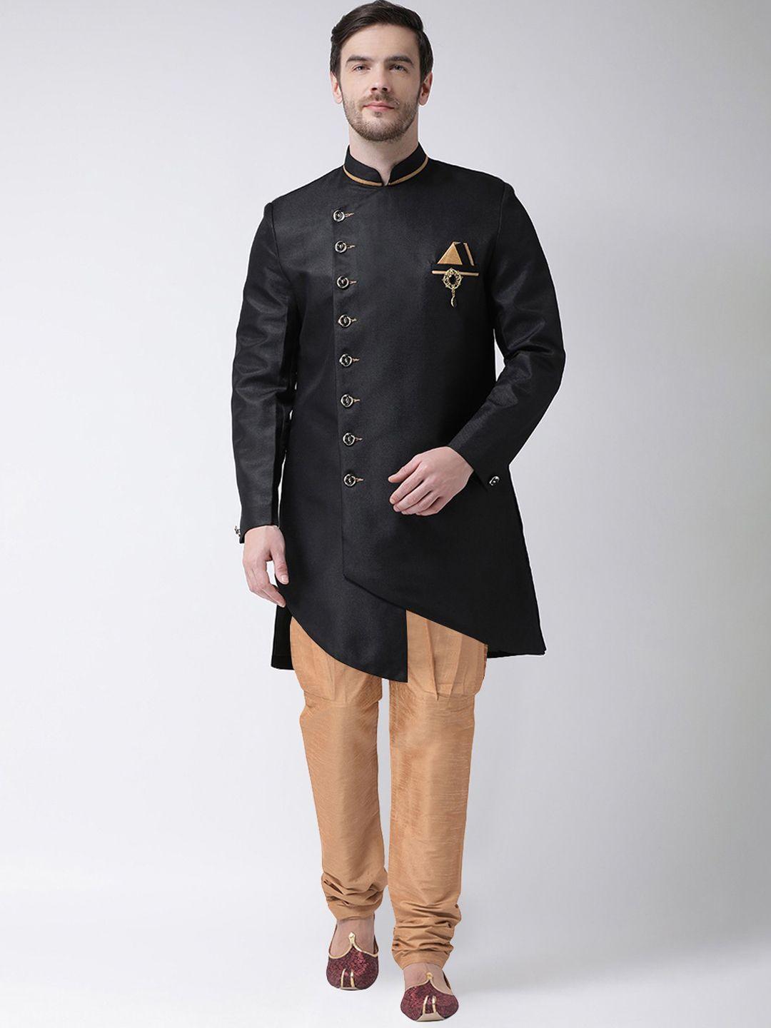 sg rajasahab men black& gold solid asymmetric hem sherwani with churidar