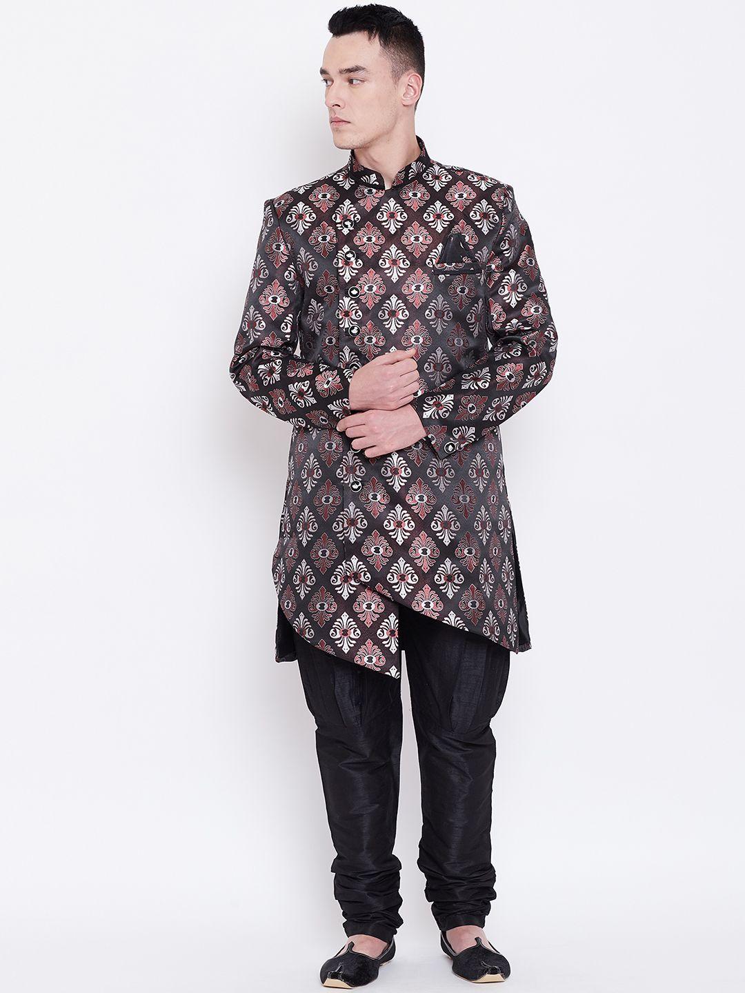 sg rajasahab men black & maroon woven design sherwani with jodhpuri pants