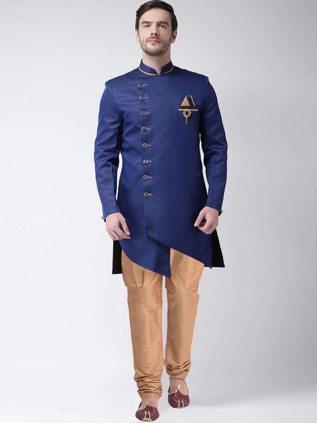 sg rajasahab men blue & beige colored solid party wear sherwani