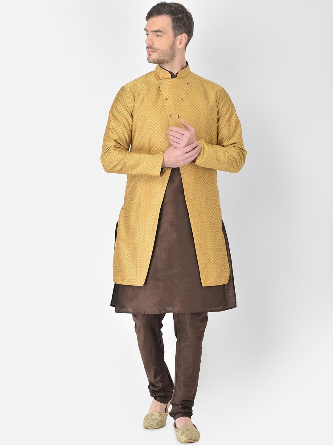 sg rajasahab men brown raw silk kurta churidar with jacket
