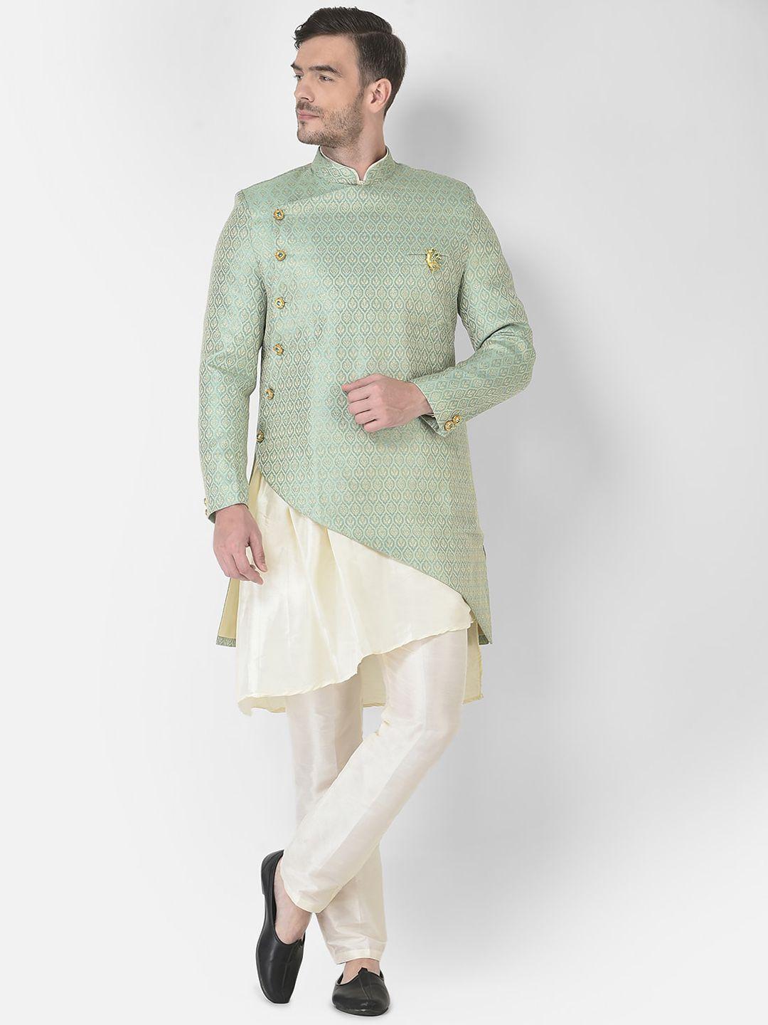 sg rajasahab men green angrakha raw silk kurta with trouser &  jacket