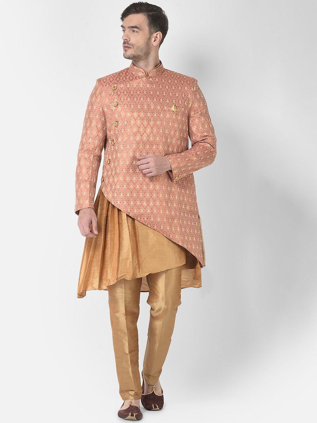 sg rajasahab men peach-coloured angrakha raw silk kurta with pyjamas & jacket