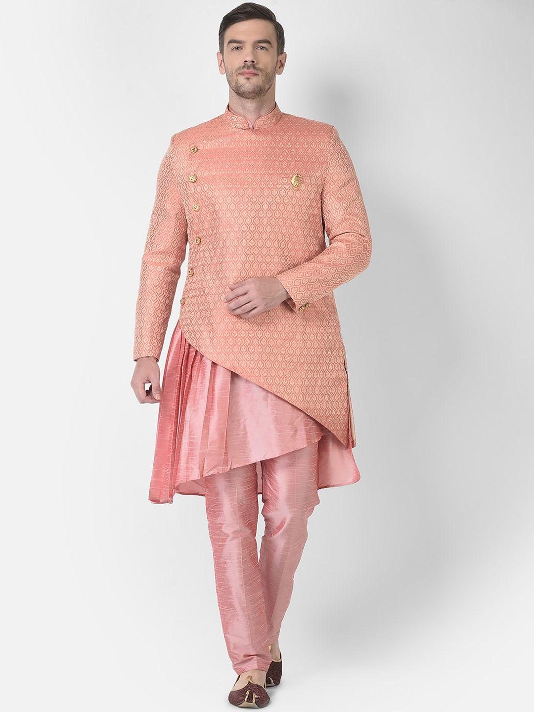 sg rajasahab men pink angrakha raw silk kurta with trouser &  jacket