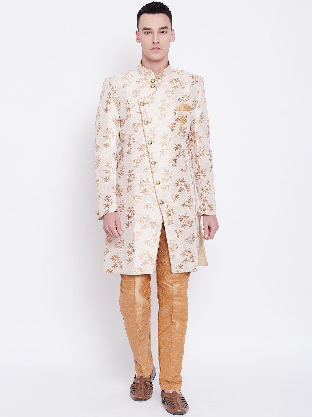 sg rajasahab men silk beige & golden woven design sherwani