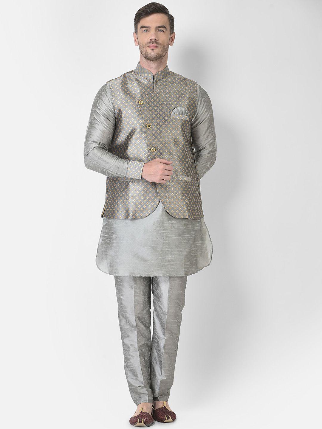 sg rajasahab men silver-toned angrakha raw silk kurta with trouser & nehru  jacket