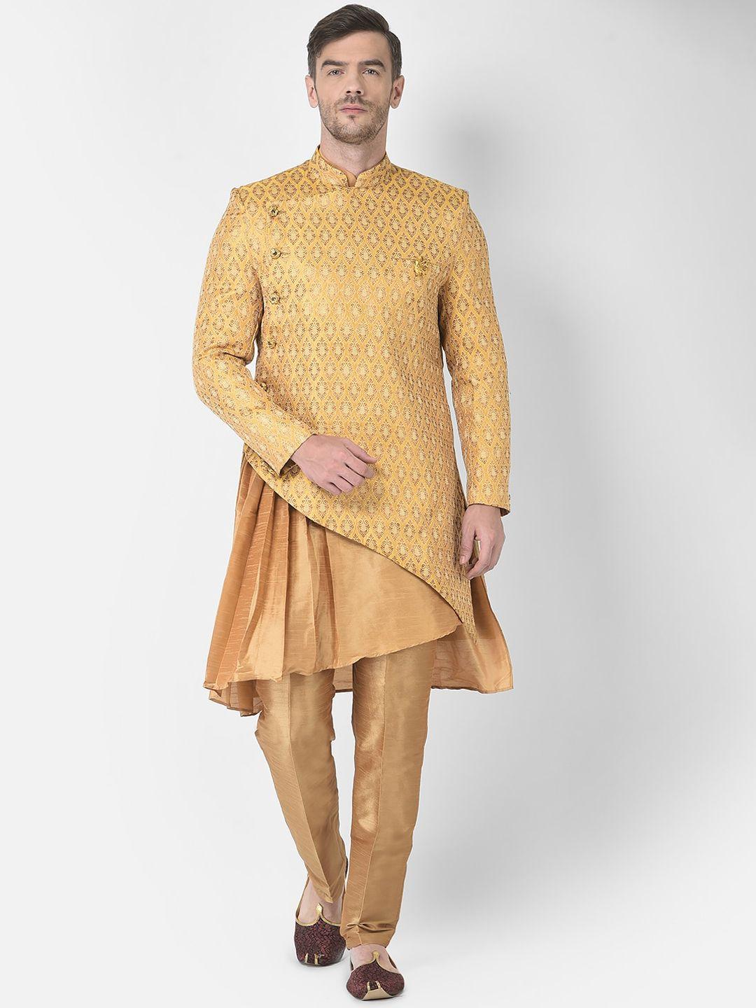sg rajasahab men yellow angrakha raw silk kurta with trousers & jacket