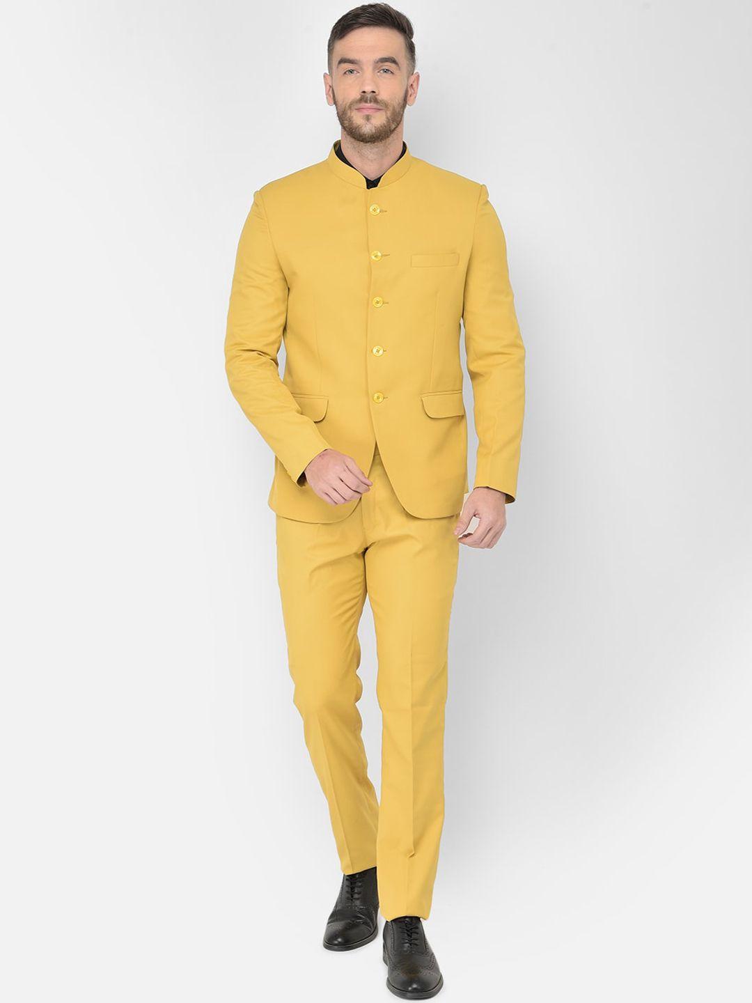 sg rajasahab men yellow solid bandhgala 2-piece formal suit