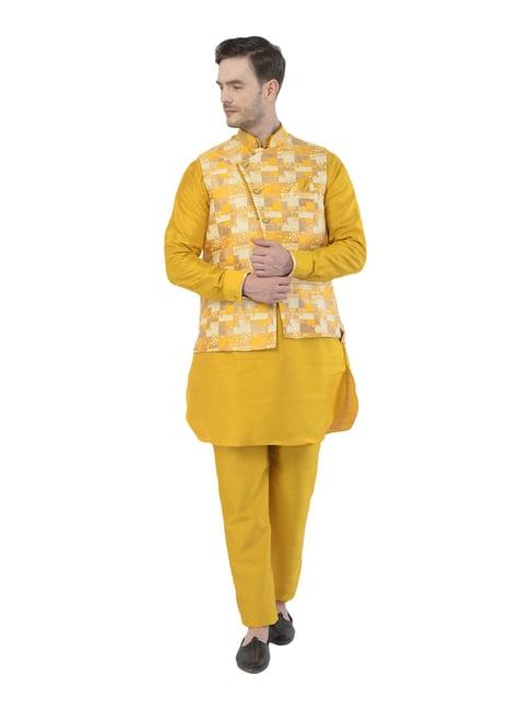 sg rajasahab yellow printed kurta & pant set with jacket
