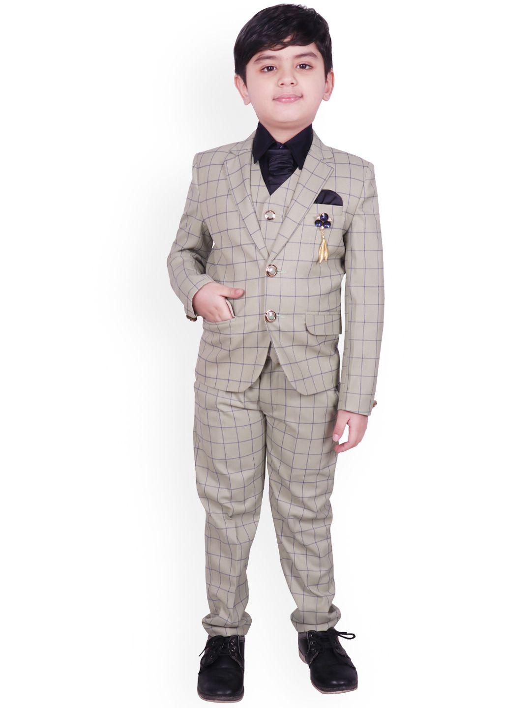 sg yuvraj boys beige & blue checked single-breasted formal 3 piece suit with accessories