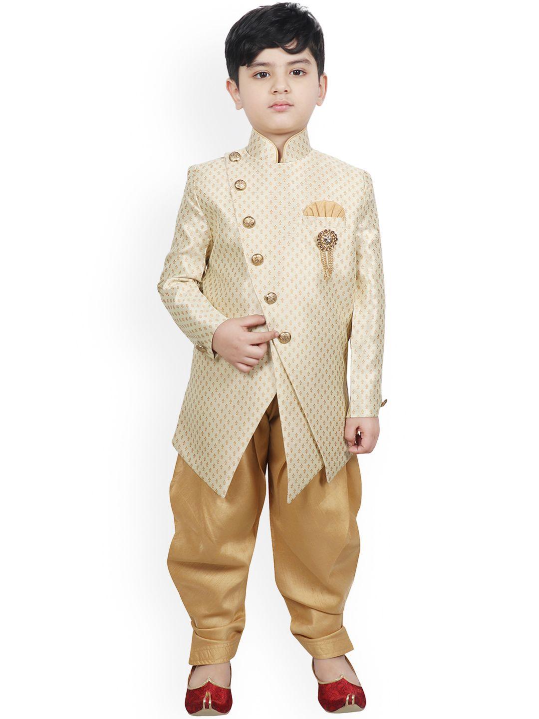 sg yuvraj boys beige & brown woven design silk sherwani set