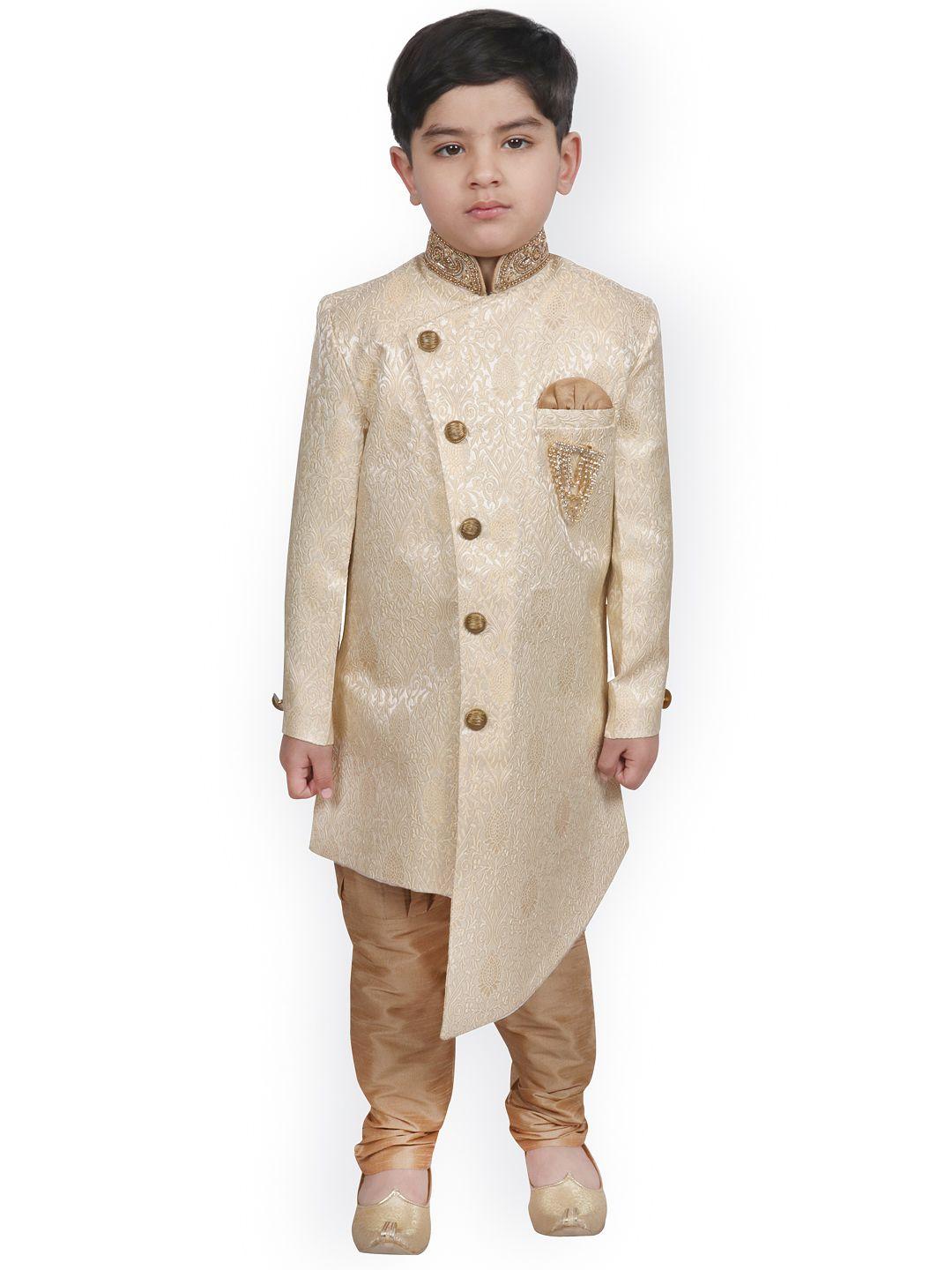 sg yuvraj boys beige & cream-coloured embroidered sherwani
