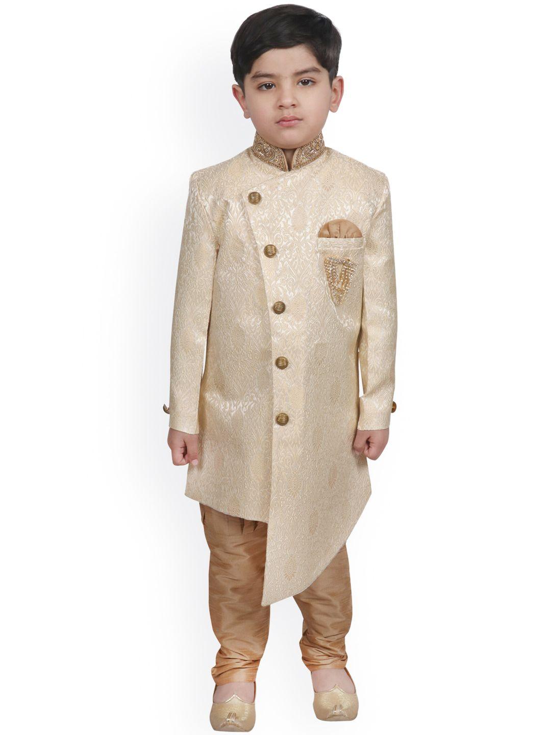 sg yuvraj boys beige & gold-coloured woven-design  sherwani set