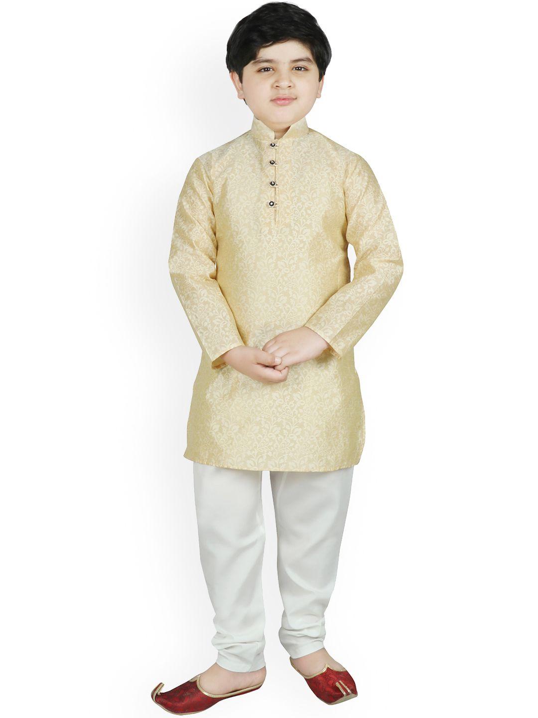 sg yuvraj boys beige & white printed kurta with pyjamas
