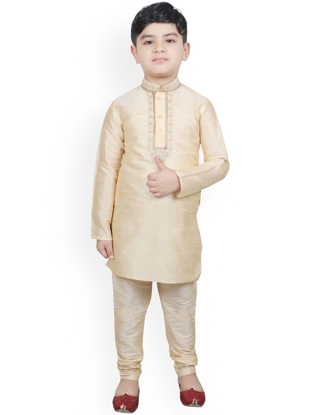 sg yuvraj boys beige embroidered raw silk kurta with pyjamas