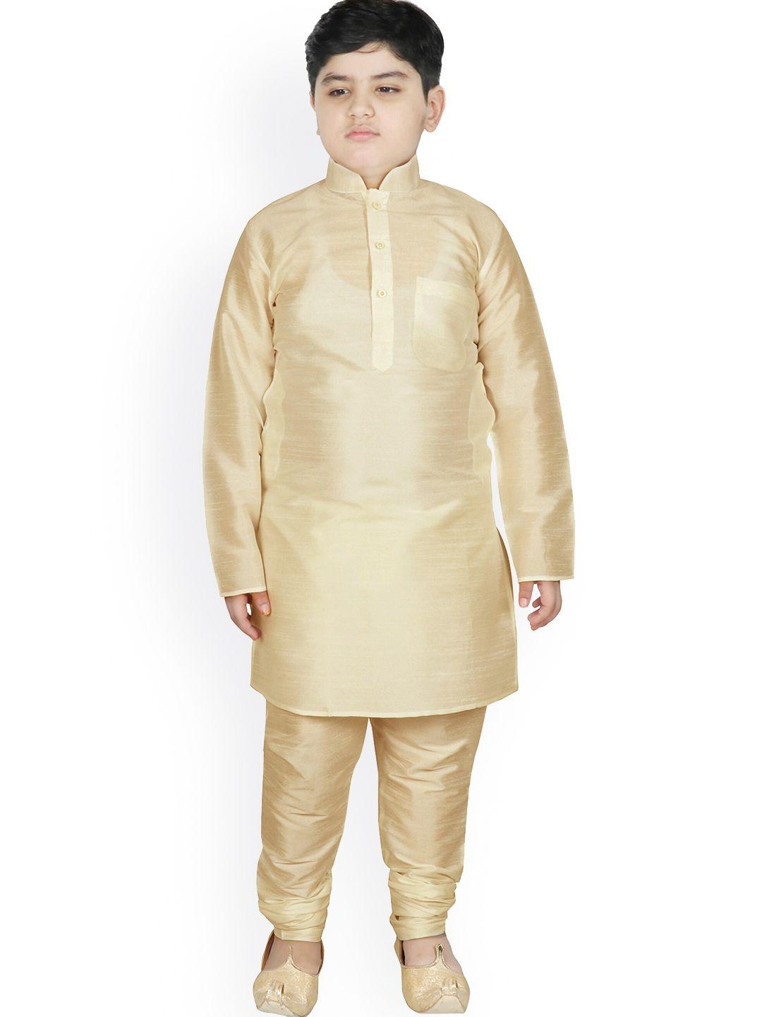sg yuvraj boys beige raw silk kurta with churidar & jacket