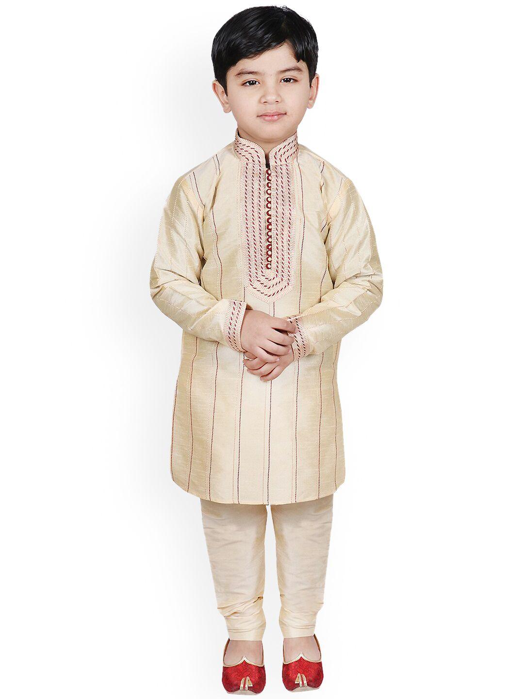 sg yuvraj boys beige striped raw silk kurti with pyjamas