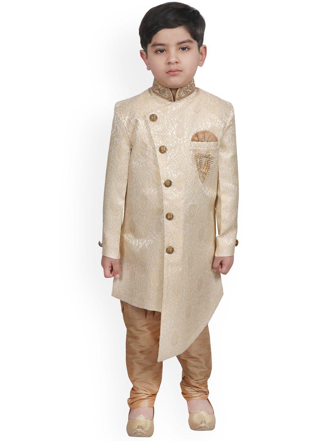 sg yuvraj boys beige woven design sherwani set