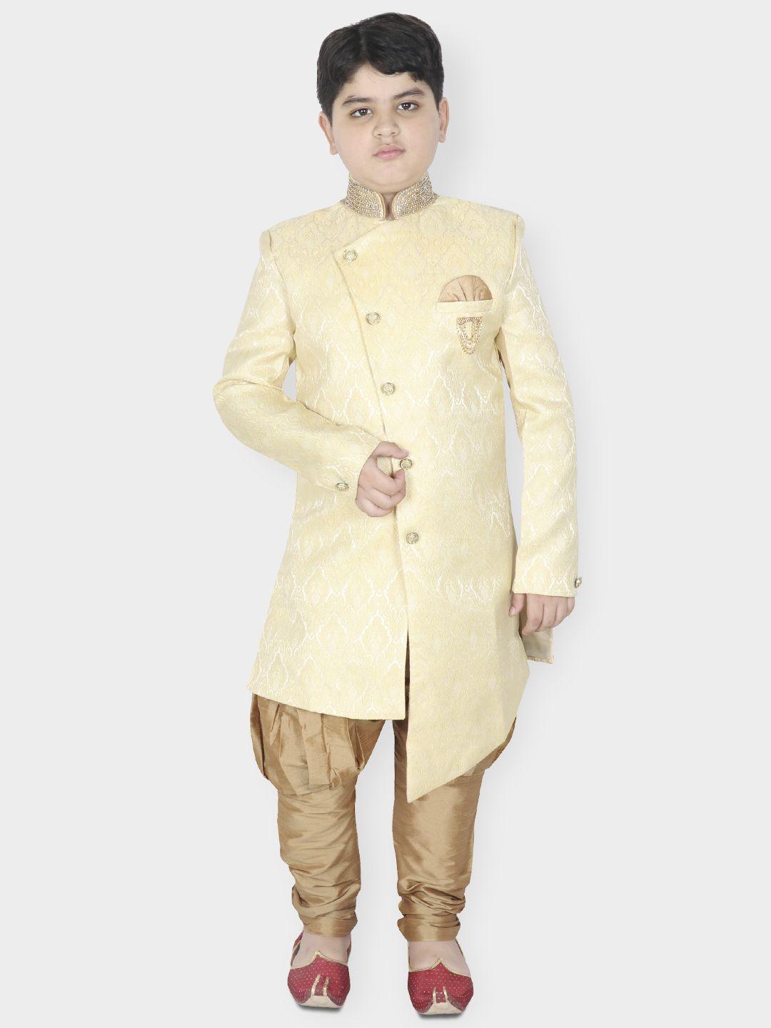 sg yuvraj boys beige woven design sherwani with dhoti pants