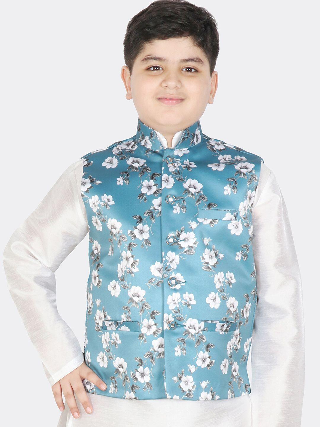 sg yuvraj boys blue floral printed satin nehru jacket