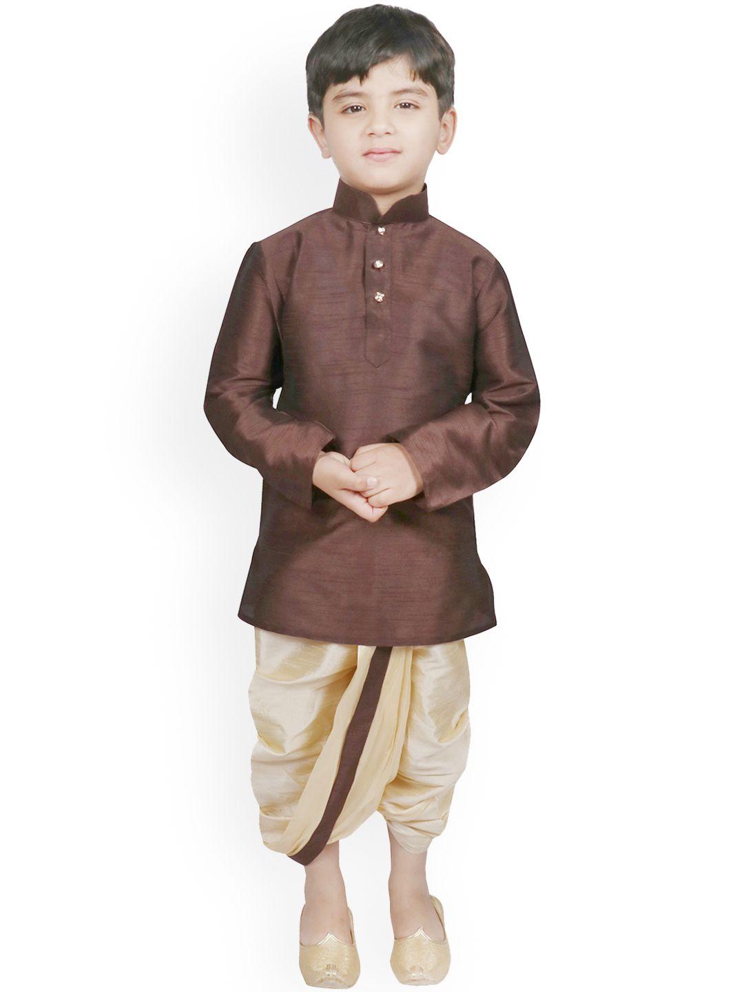 sg yuvraj boys brown & cream-coloured self design kurta with dhoti pants