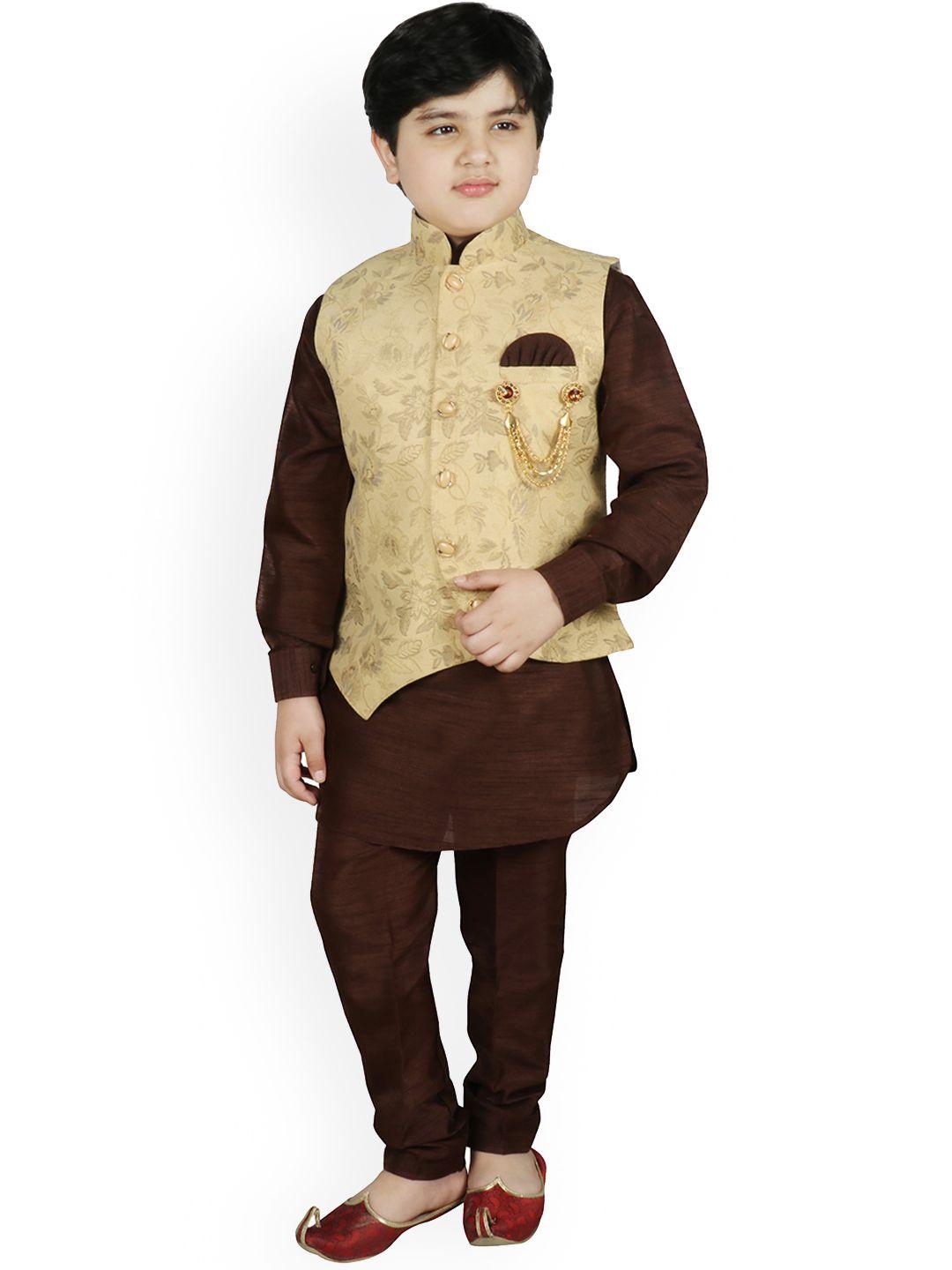 sg yuvraj boys brown & gold-toned solid kurta with pyjamas