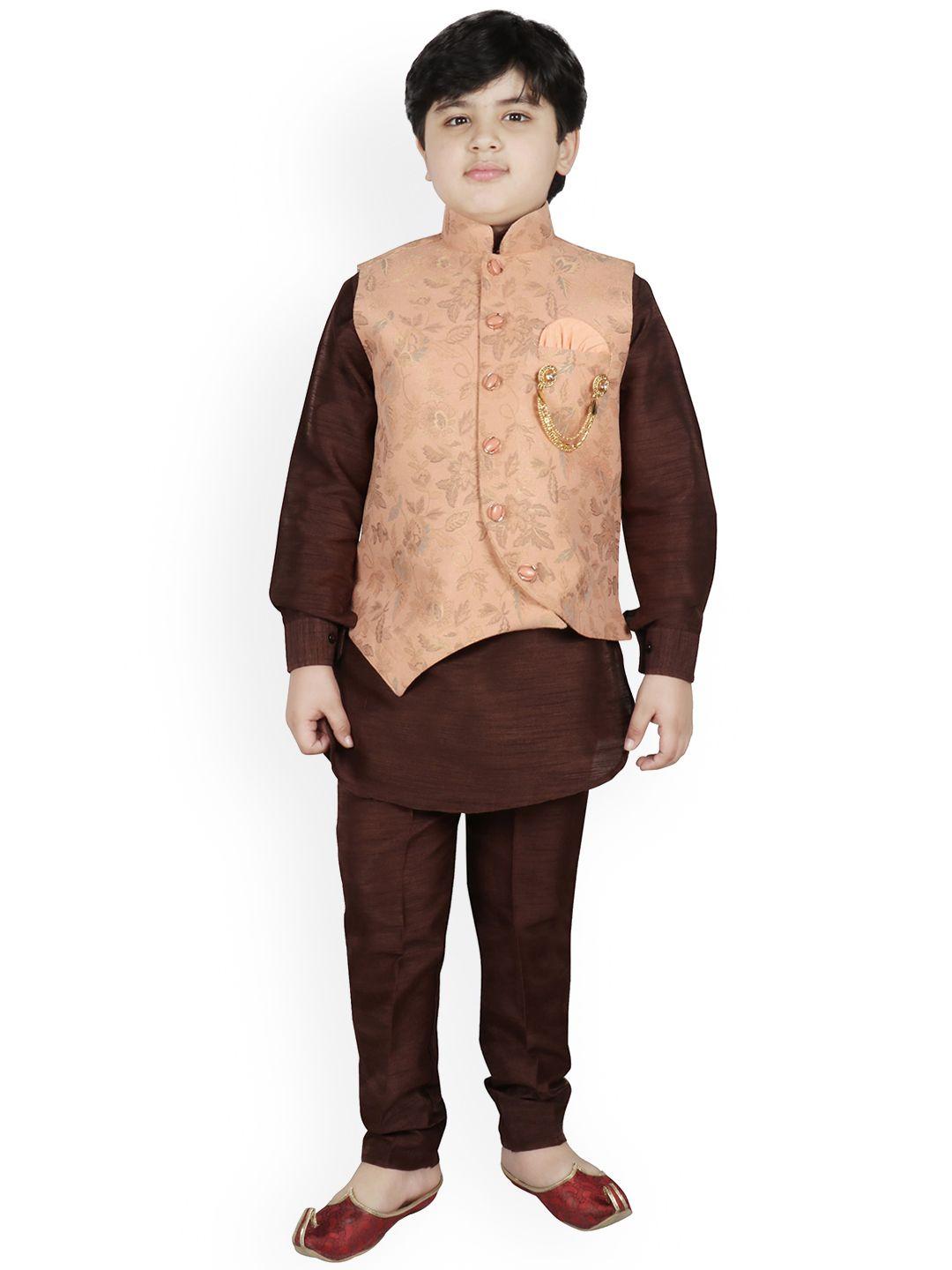 sg yuvraj boys brown & peach-coloured solid kurta with pyjamas