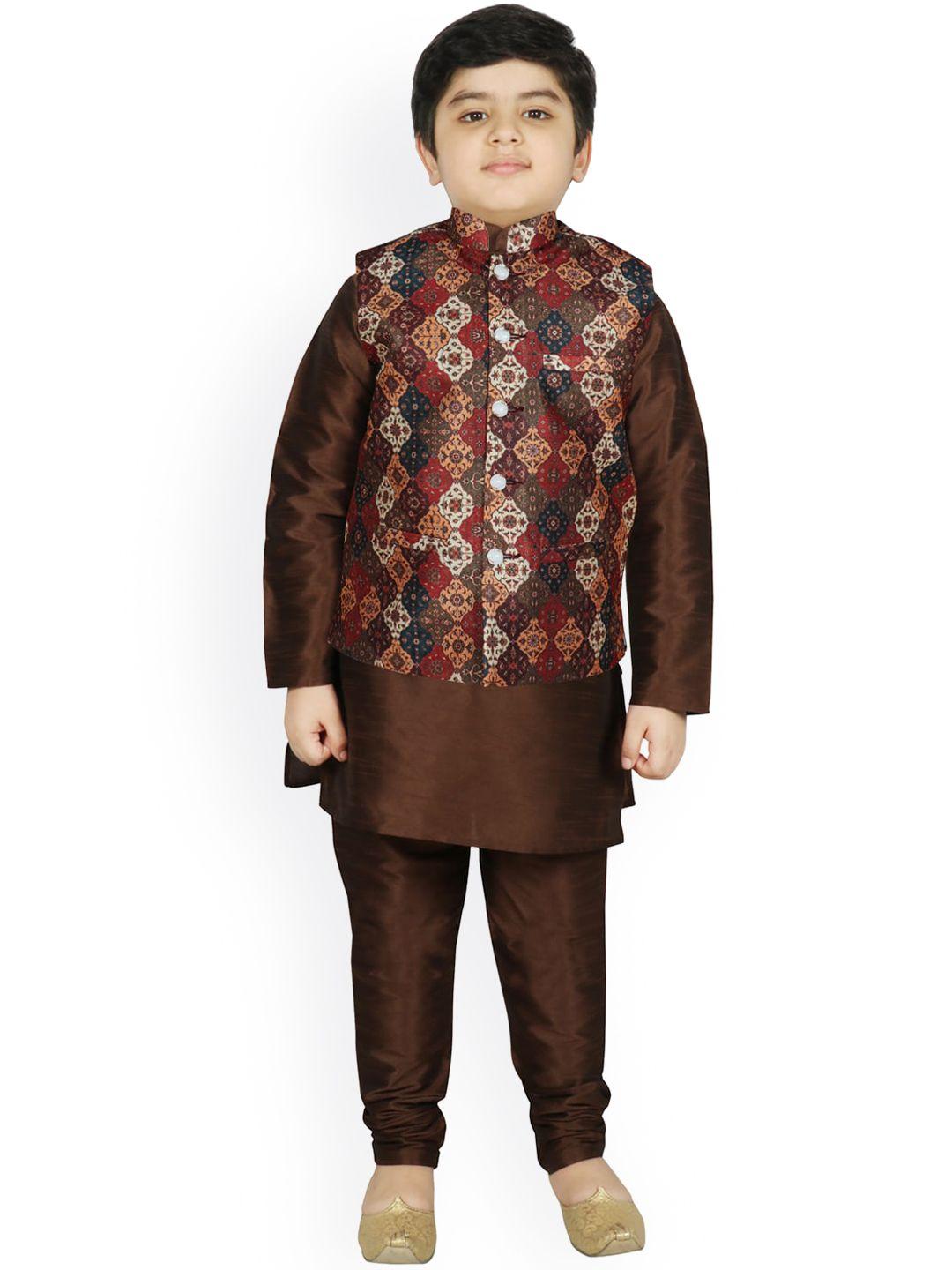 sg yuvraj boys brown ethnic motifs raw silk kurta with churidar & nehru jacket