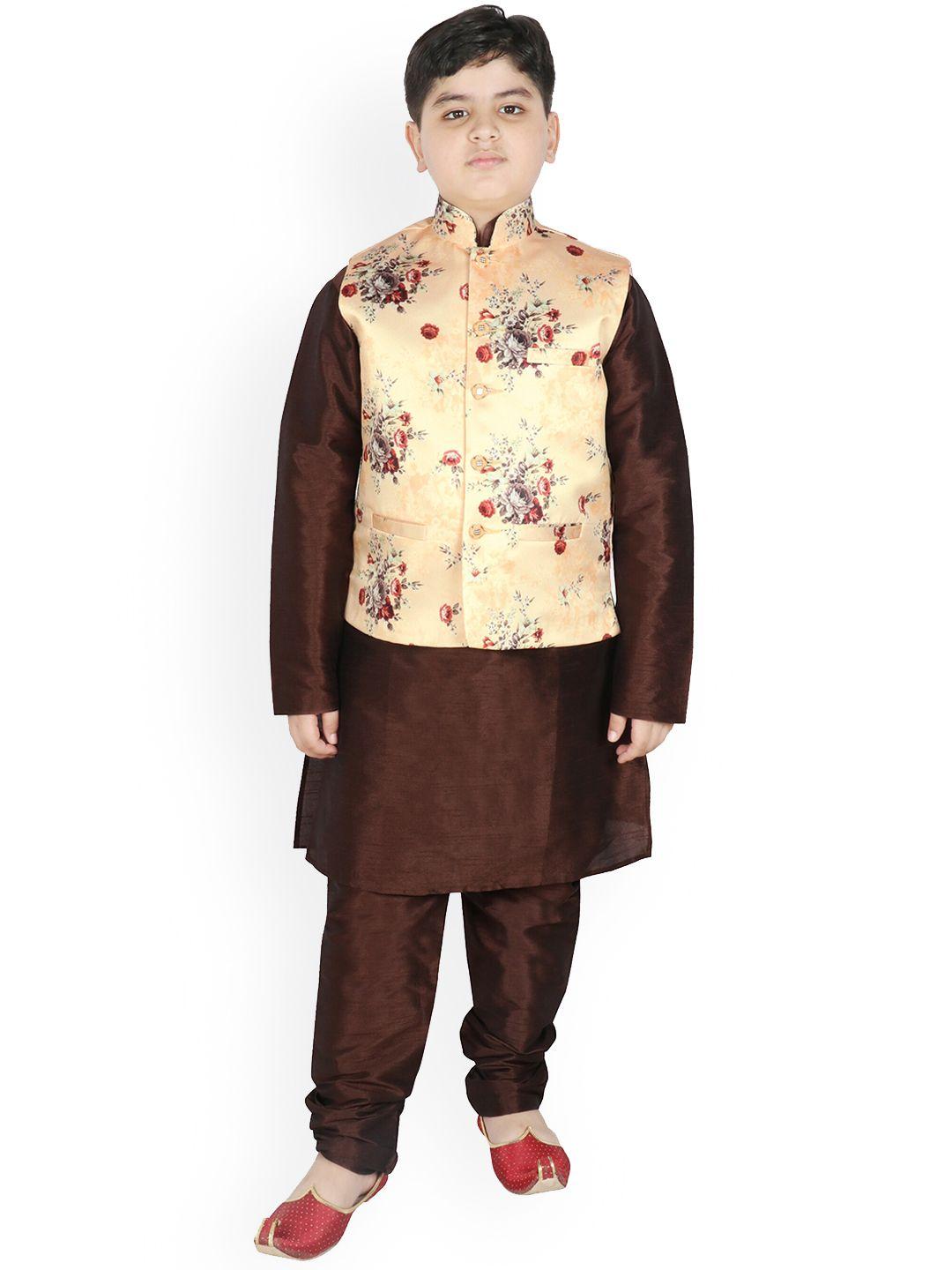 sg yuvraj boys brown solid straight cotton blend kurta with churidar and printed jacket