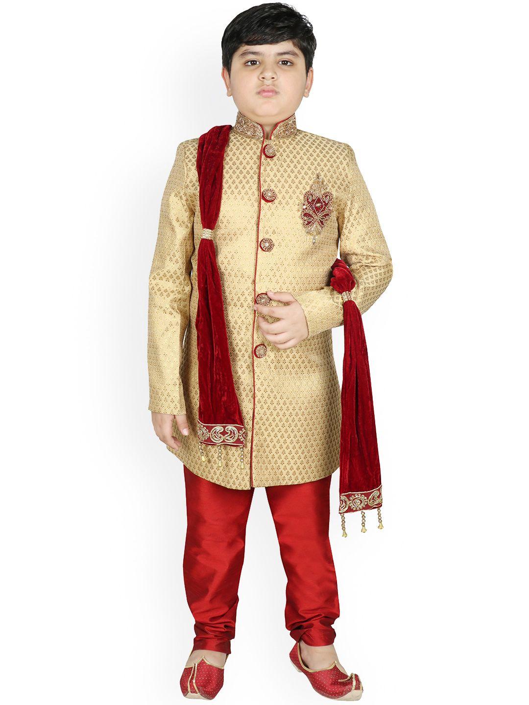 sg yuvraj boys gold & redcolored woven party wear sherwani