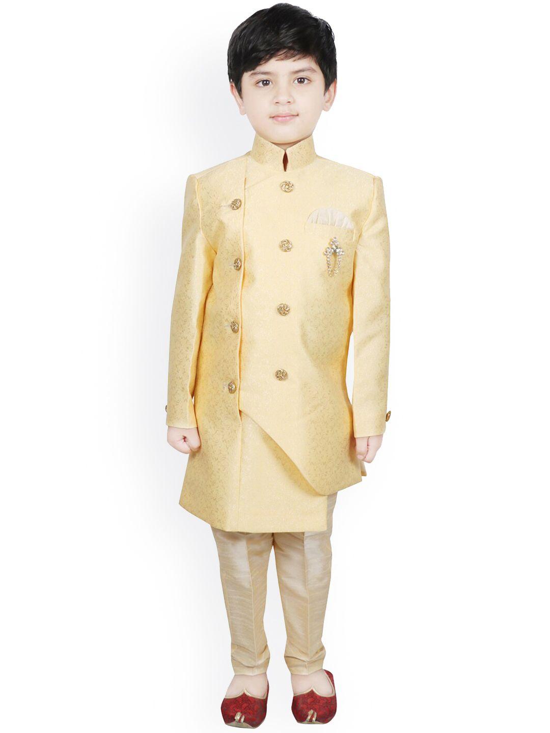 sg yuvraj boys gold-coloured & beige fawn brocade silk sherwani set