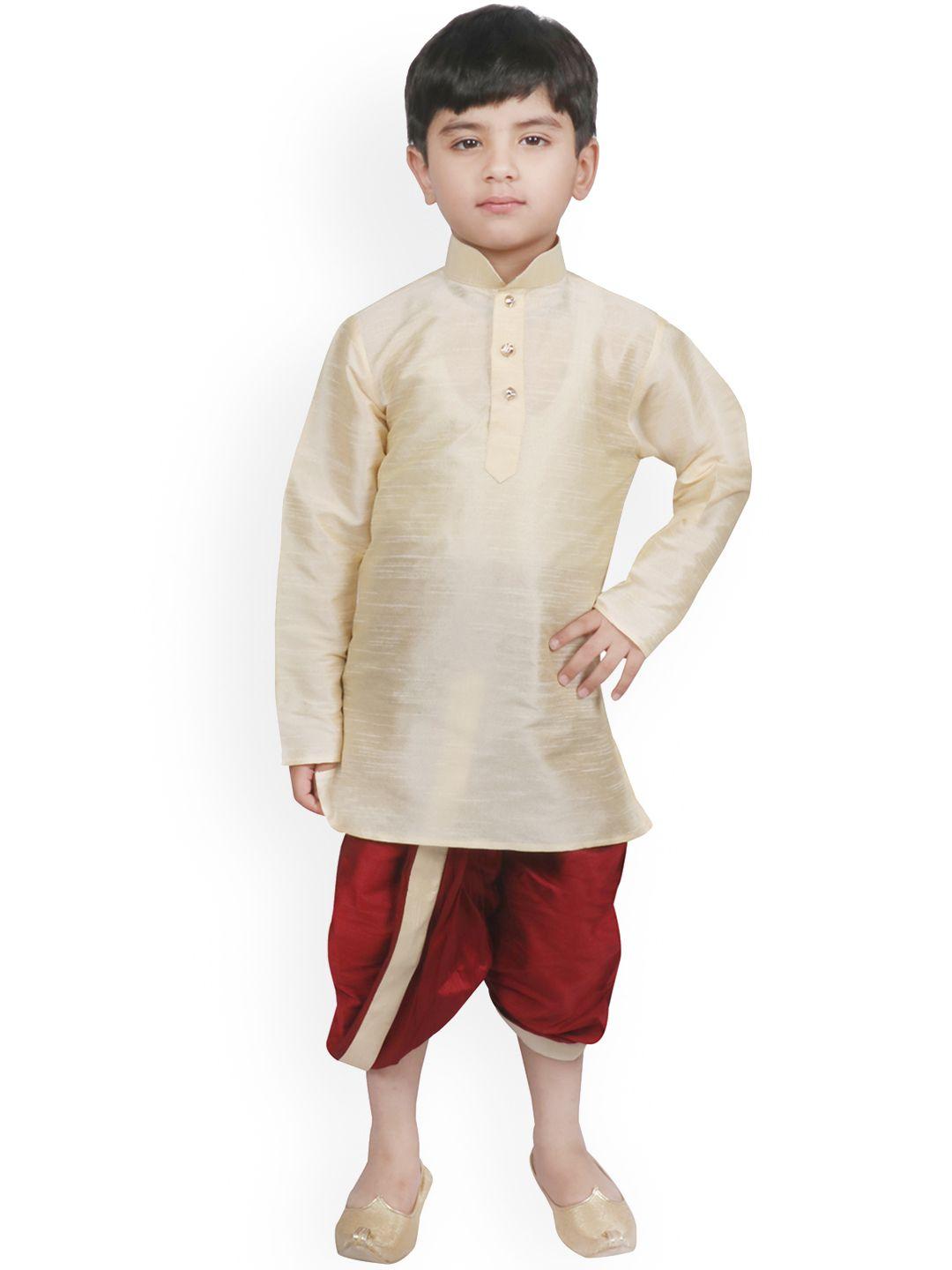 sg yuvraj boys gold-coloured & maroon solid kurta with raw silk dhoti pants