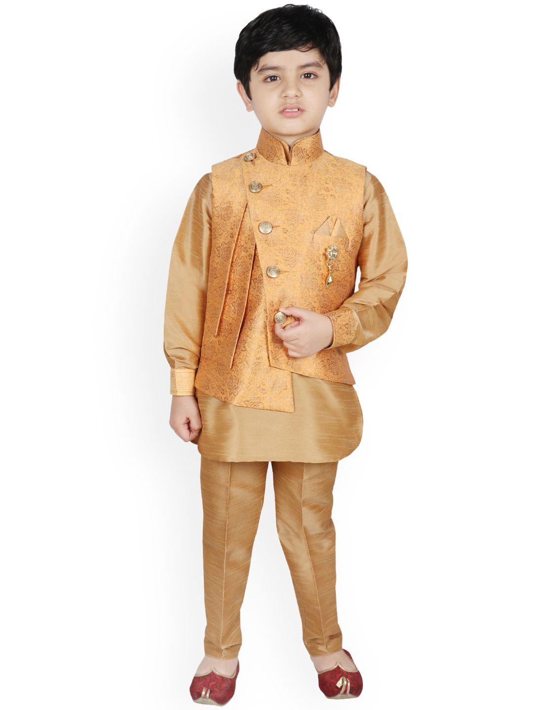 sg yuvraj boys gold tassar raw silk kurta set with waistcoat