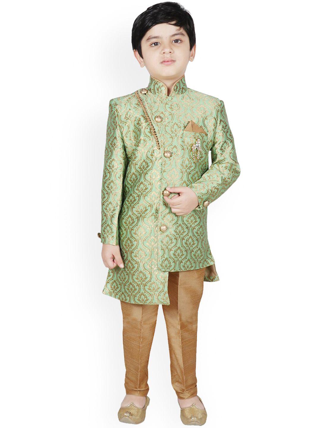 sg yuvraj boys green & gold-coloured woven design sherwani set