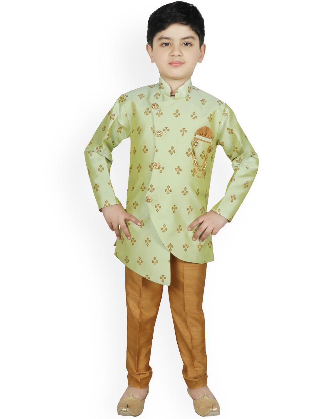 sg yuvraj boys green & mustard yellow printed silk sherwani