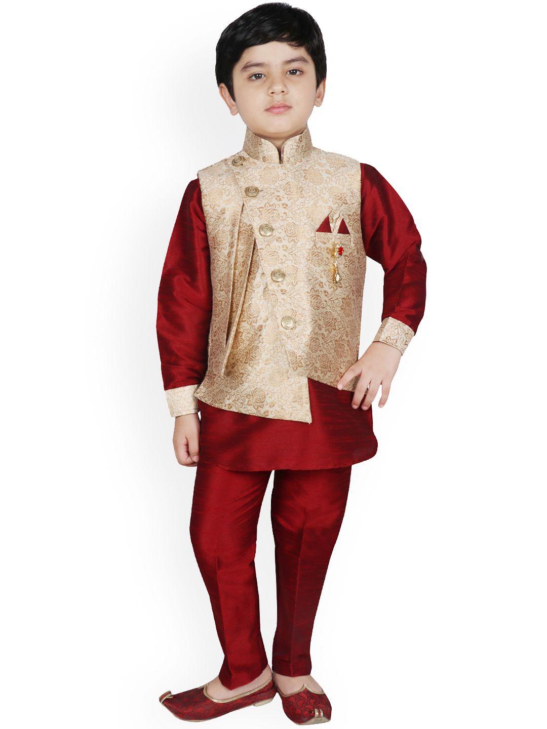 sg yuvraj boys maroon & beige solid pathani kurta with trousers & jacket
