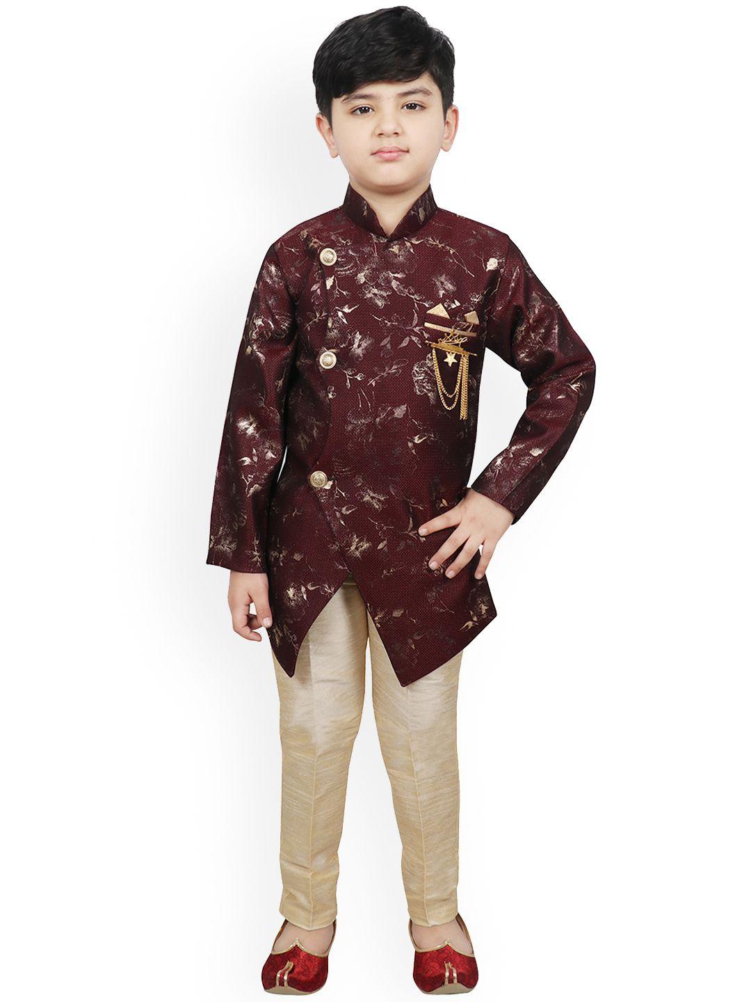 sg yuvraj boys maroon & brown printed sherwani set