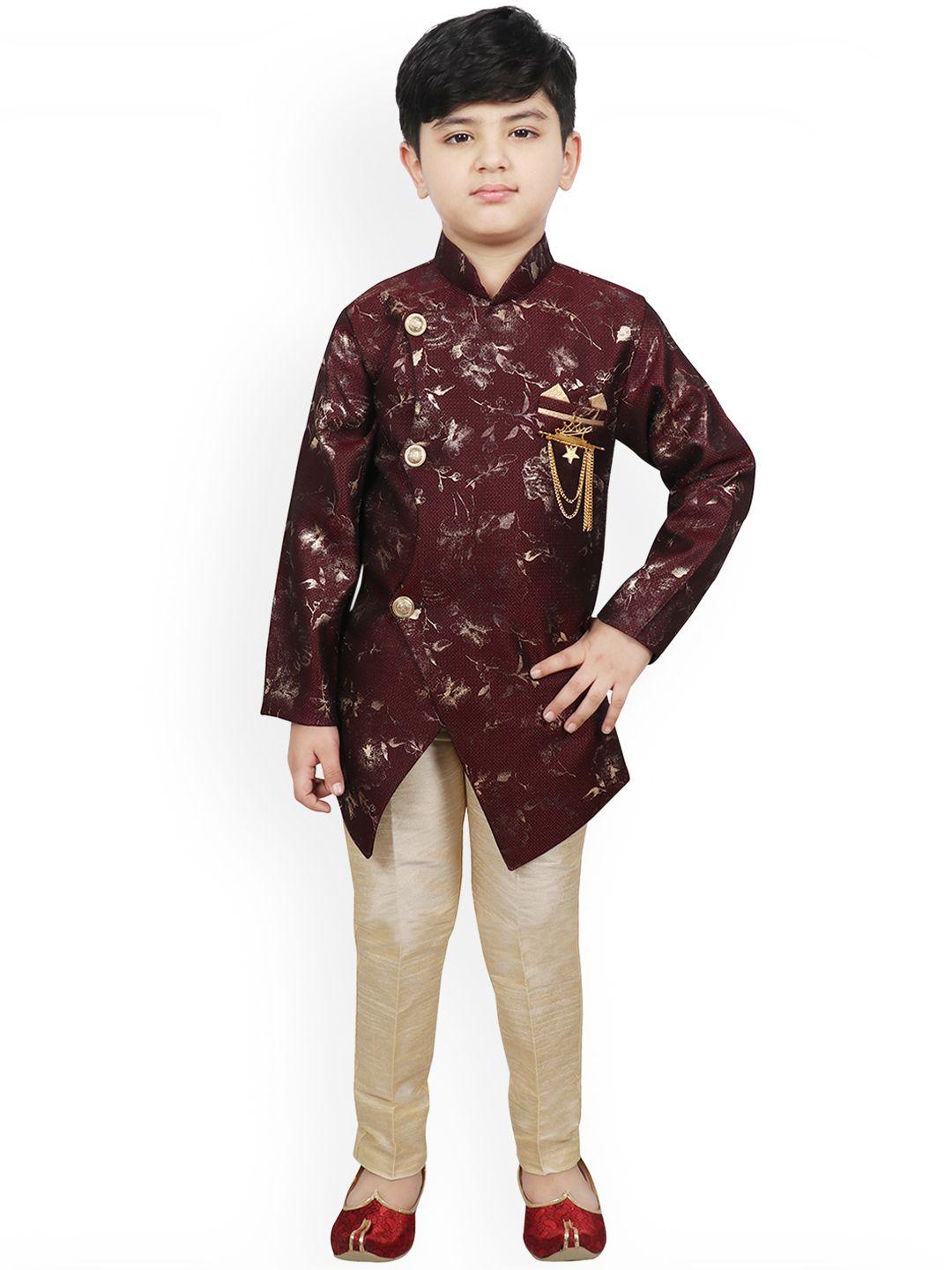 sg yuvraj boys maroon & brown printed silk sherwani set