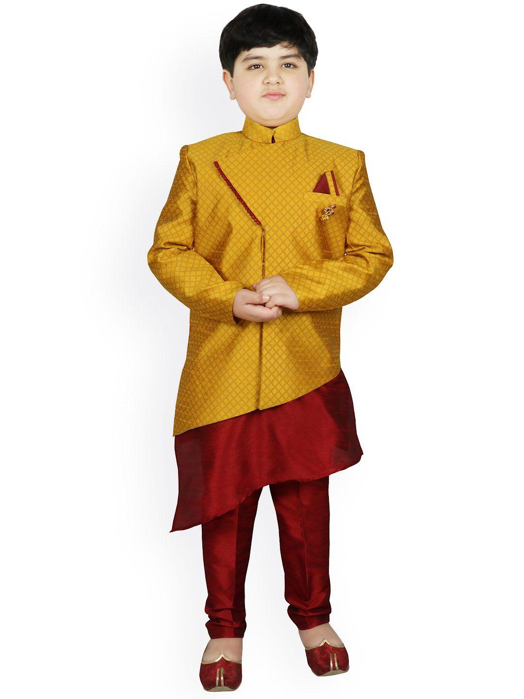 sg yuvraj boys mustard yellow & maroon woven-design raw silk sherwani set