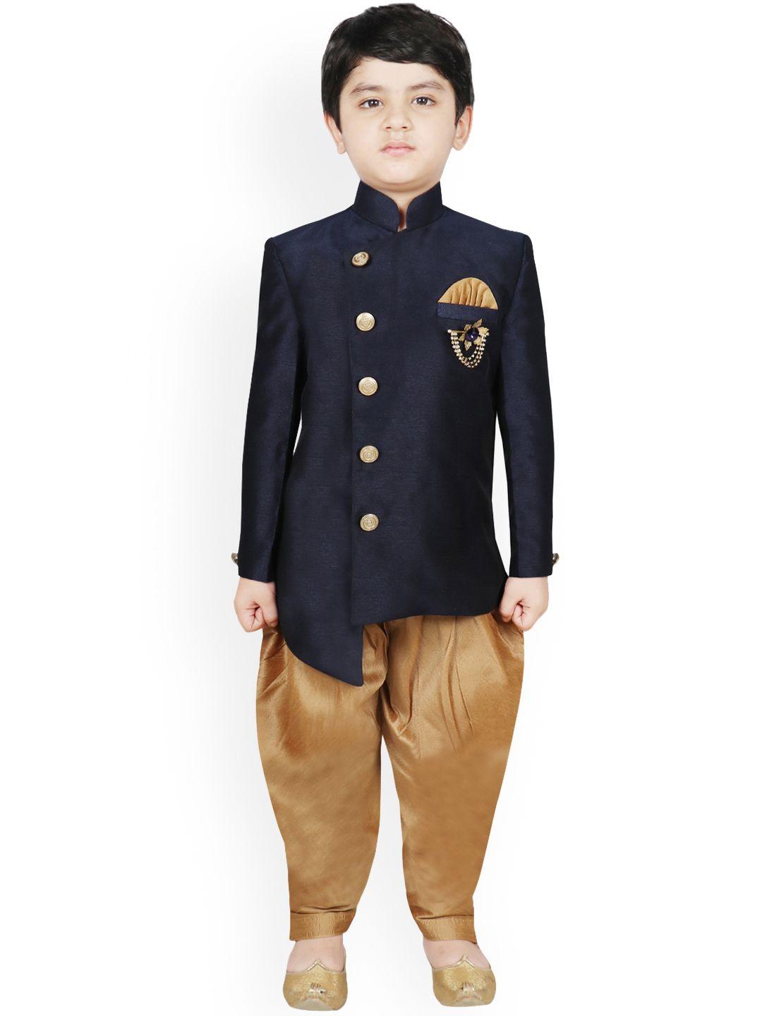 sg yuvraj boys navy blue & gold-coloured solid sherwani set